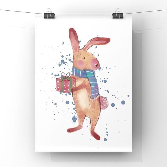 Christmas Animal Wall Art Winter Holiday Bunny with gift home decor art Print - Picture 2 of 4